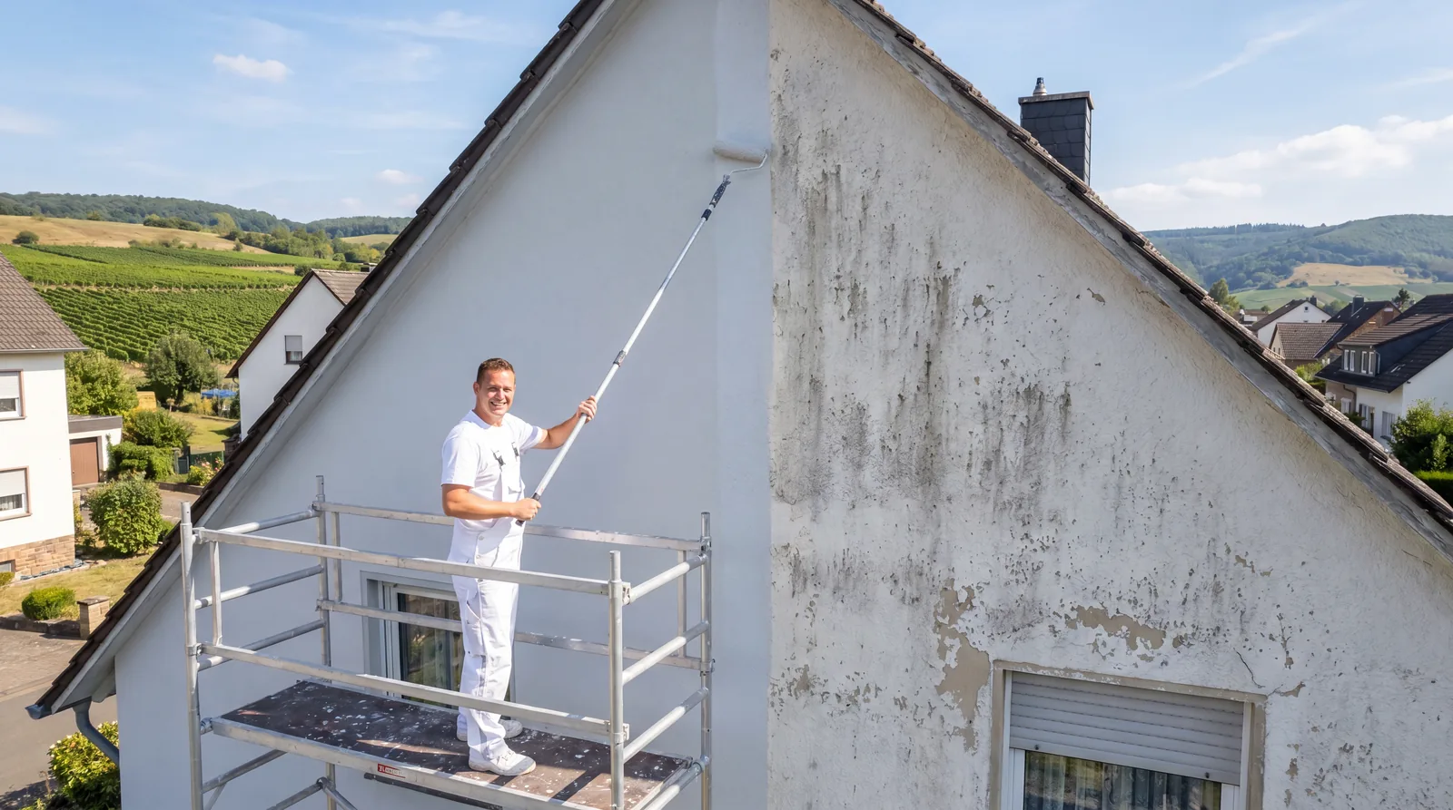 Maler streicht Hausfassade vom Gerüst